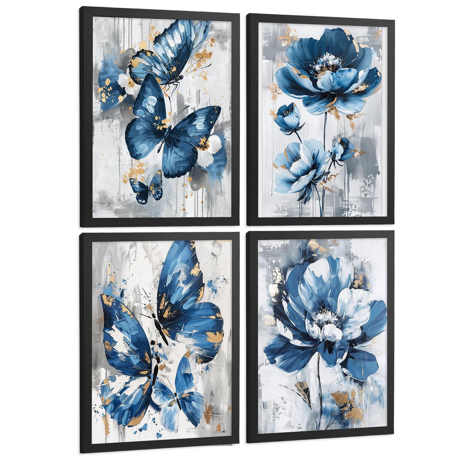 POSTER 4er Kunstdruck-Set Wandbilder Blumen Blau Schmetterlinge modern Wohnzimmer Deko, Schlafzimmer, Küche, Badezimmer Rahmenlos A3 - Schwarz, Papier (29.7/1/42cm) - Nacnic