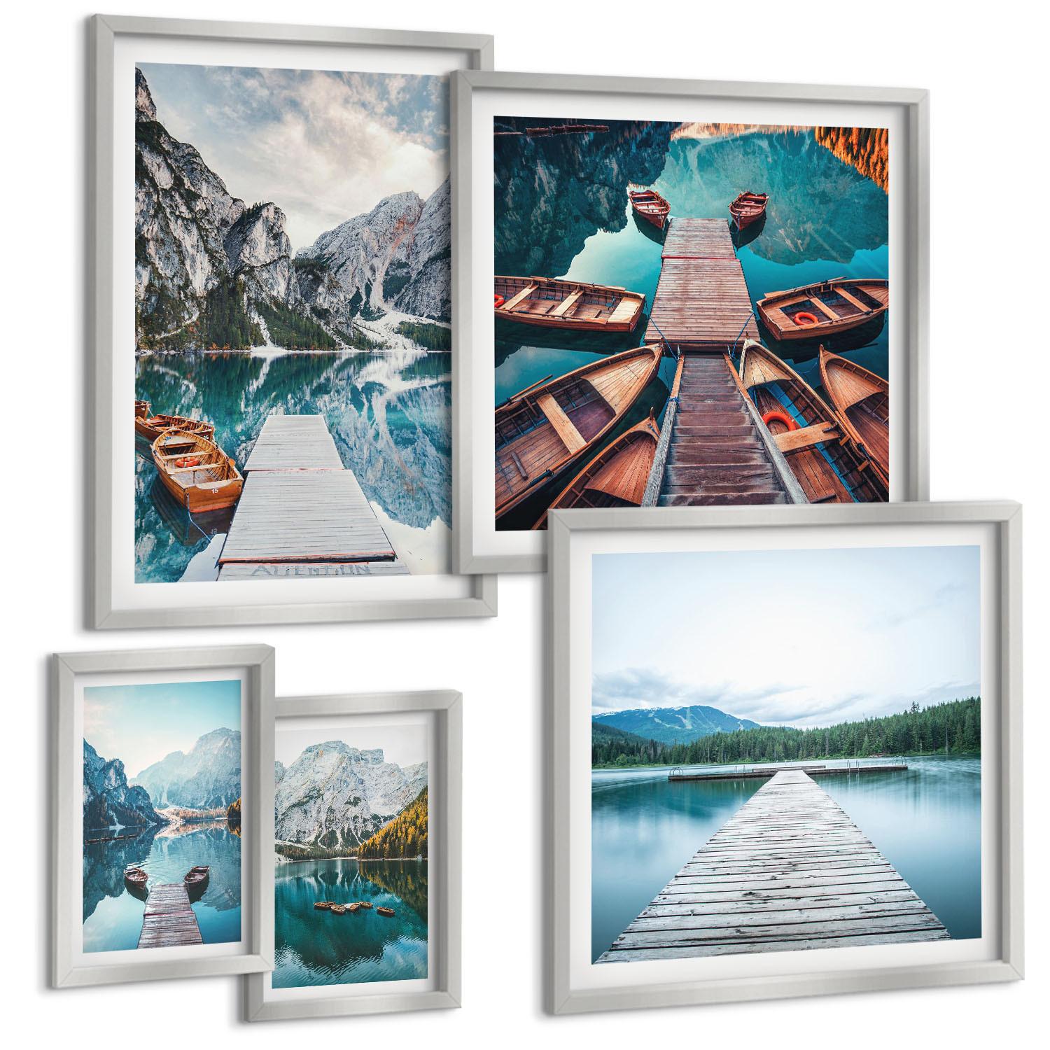 BILDER SET 5er Set - 50x50 cm & 20x30 cm & 40x60 cm Silberner Rahmen - Holzstege am See, Boote - Silberfarben, Kunststoff (40/60cm) - TULUP