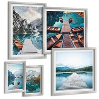 BILDER SET 5er Set - 50x50 cm & 20x30 cm & 40x60 cm Silberner Rahmen - Holzstege am See, Boote - Silberfarben, Kunststoff (40/60cm) - TULUP