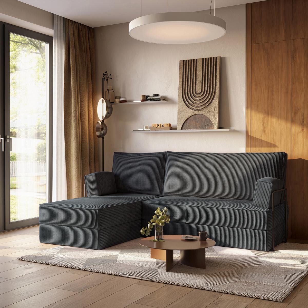 ECKSOFA NOTIA modulares Boneless Sofa mit Schlaffunktion Grau Kordstoff - Dunkelgrau, Textil (200/120cm) - MASSENO