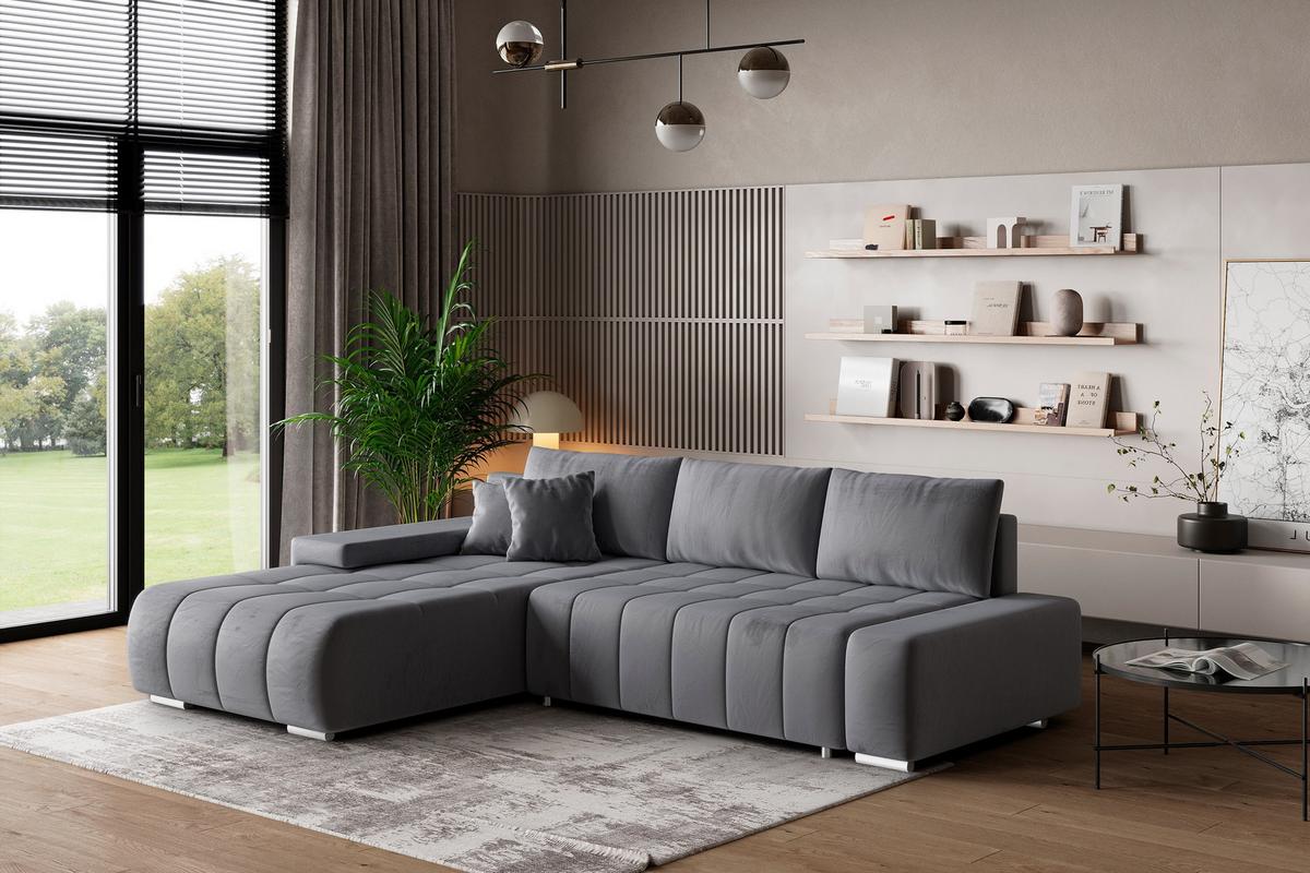 ECKSOFA ALESE L-S Grau Velours-Stoff mit Schlaffunktion - Silberfarben/Grau, Holz/Textil (265/185cm) - MASSENO