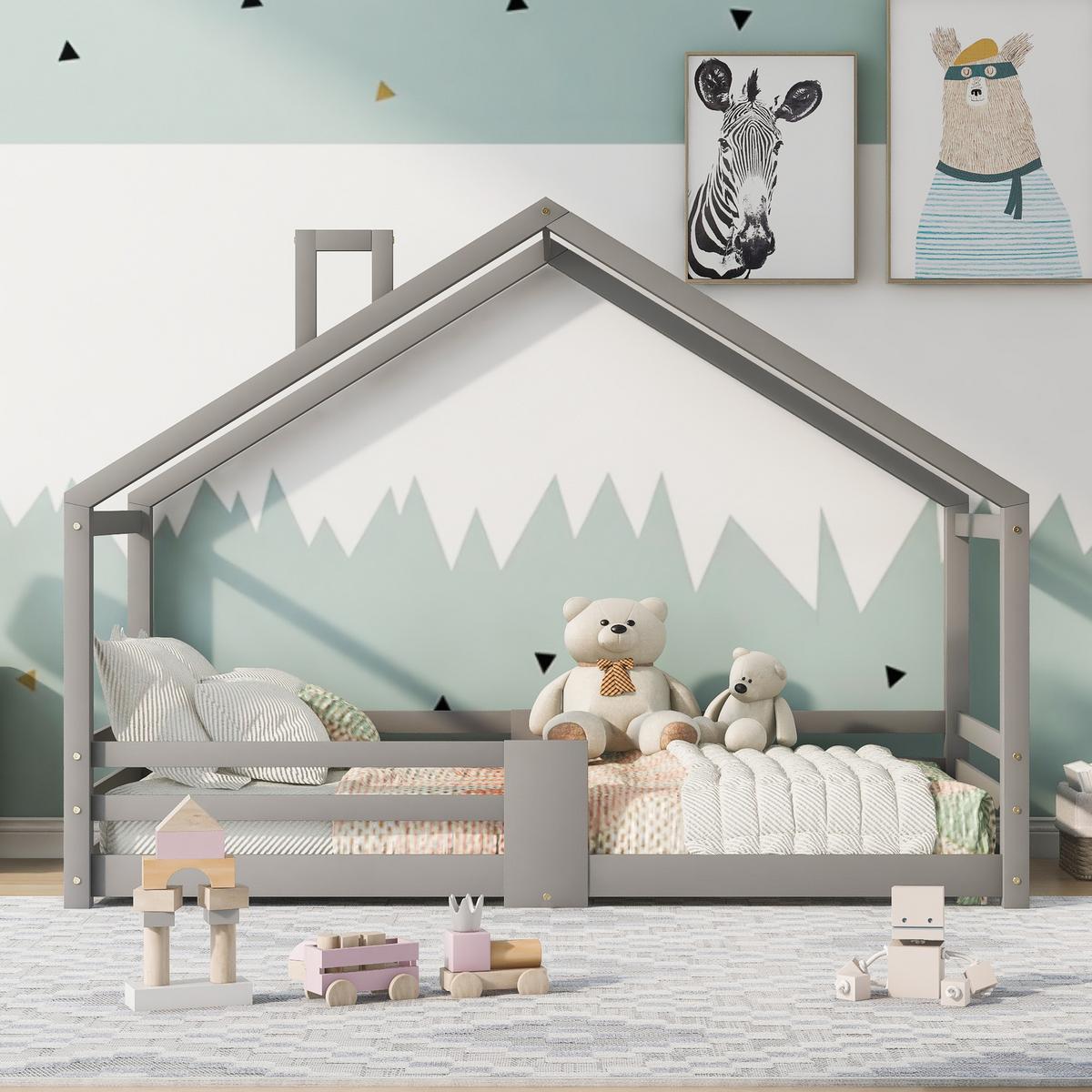 KINDERBETT Hausbett aus Kiefer Massivholz mit Schornstein & Rausfallschutz - Grau, Holz (209/143/96cm) - Urban Meuble