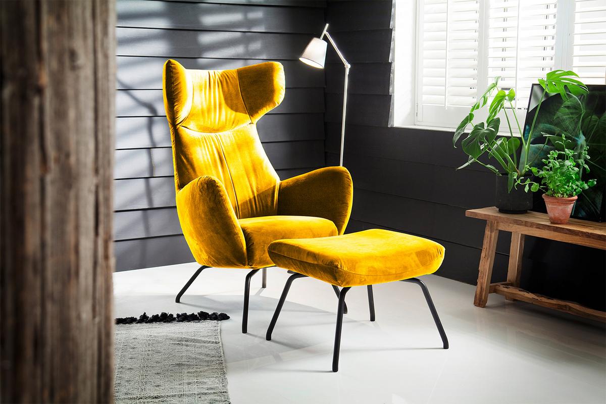 SESSEL MIT HOCKER LOTTE Gelb Velvet - Currygelb/Schwarz, Textil (79/117/82cm) - KAWOLA