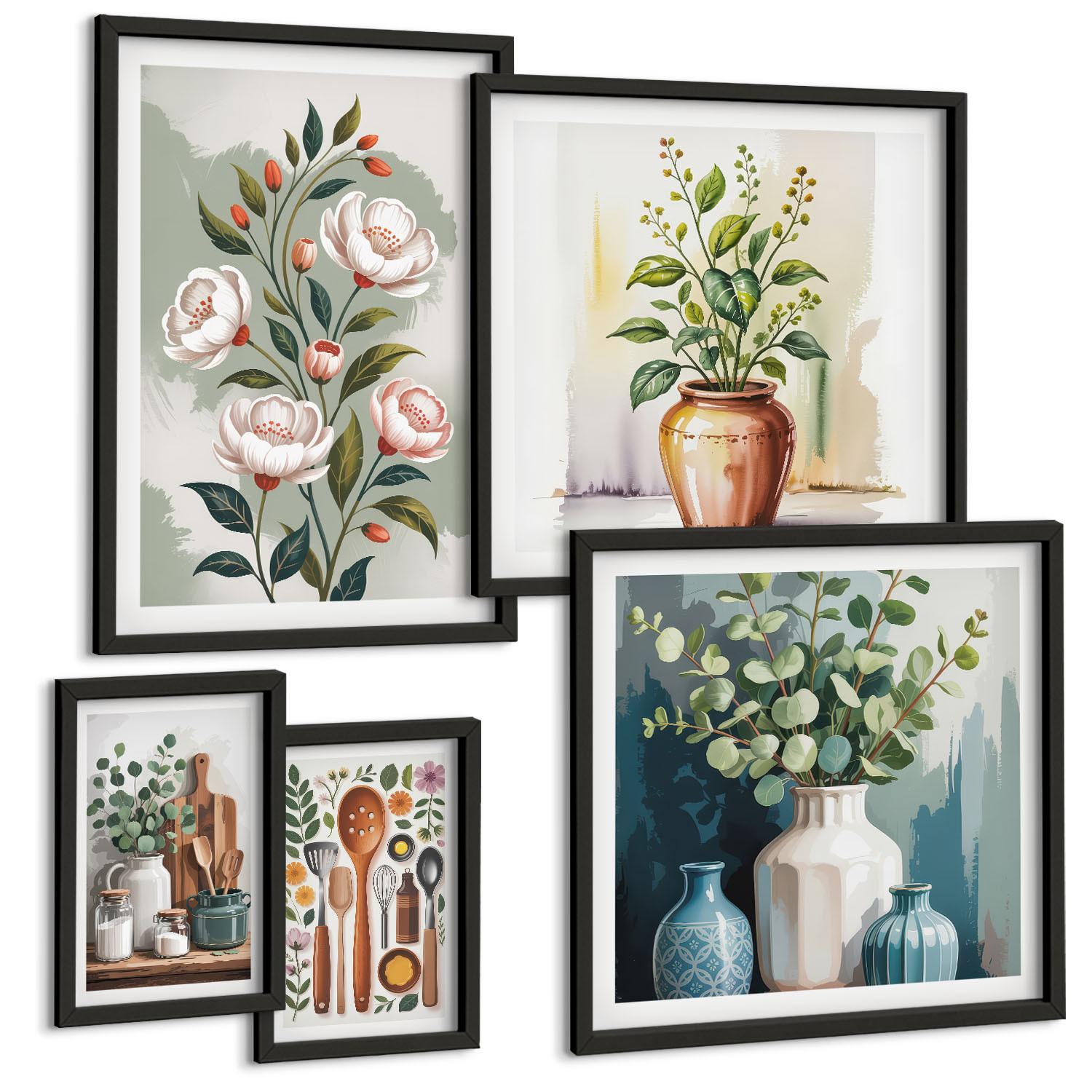 BILDER SET 5er Set - 50x50 cm & 20x30 cm & 40x60 cm Schwarzer Rahmen - Blumen und Früchte in Vasen - Schwarz, Kunststoff (40/60cm) - TULUP