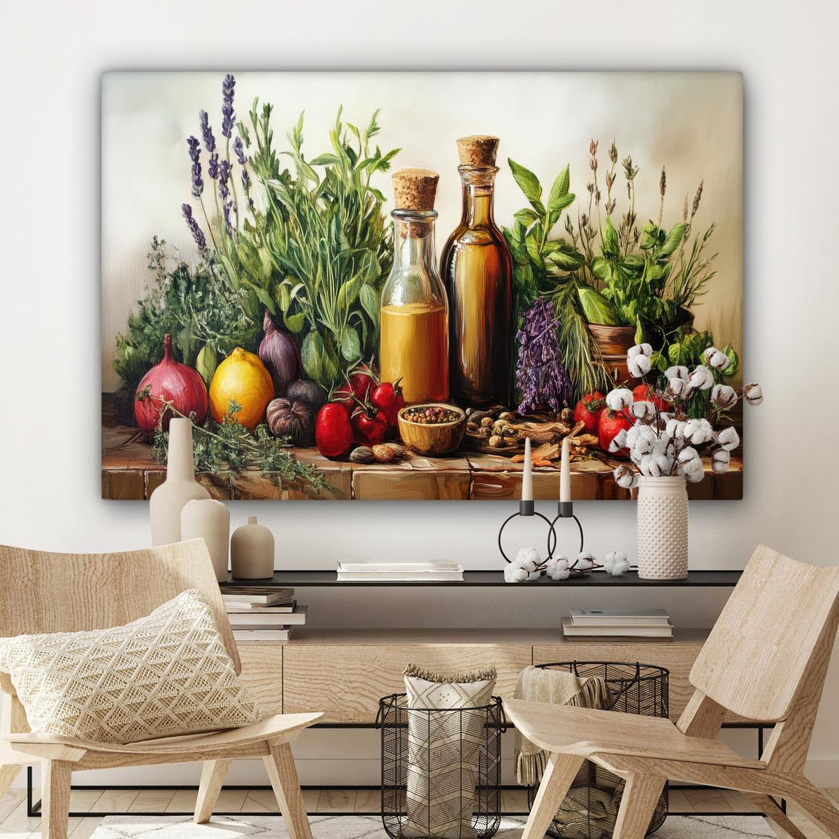 LEINWANDBILD Stilleben - Kräuter - Gewürze - Früchte - Farbenfroh Wohnzimmer Groß 120x80 cm - Grün, Textil (120/80cm) - MuchoWow