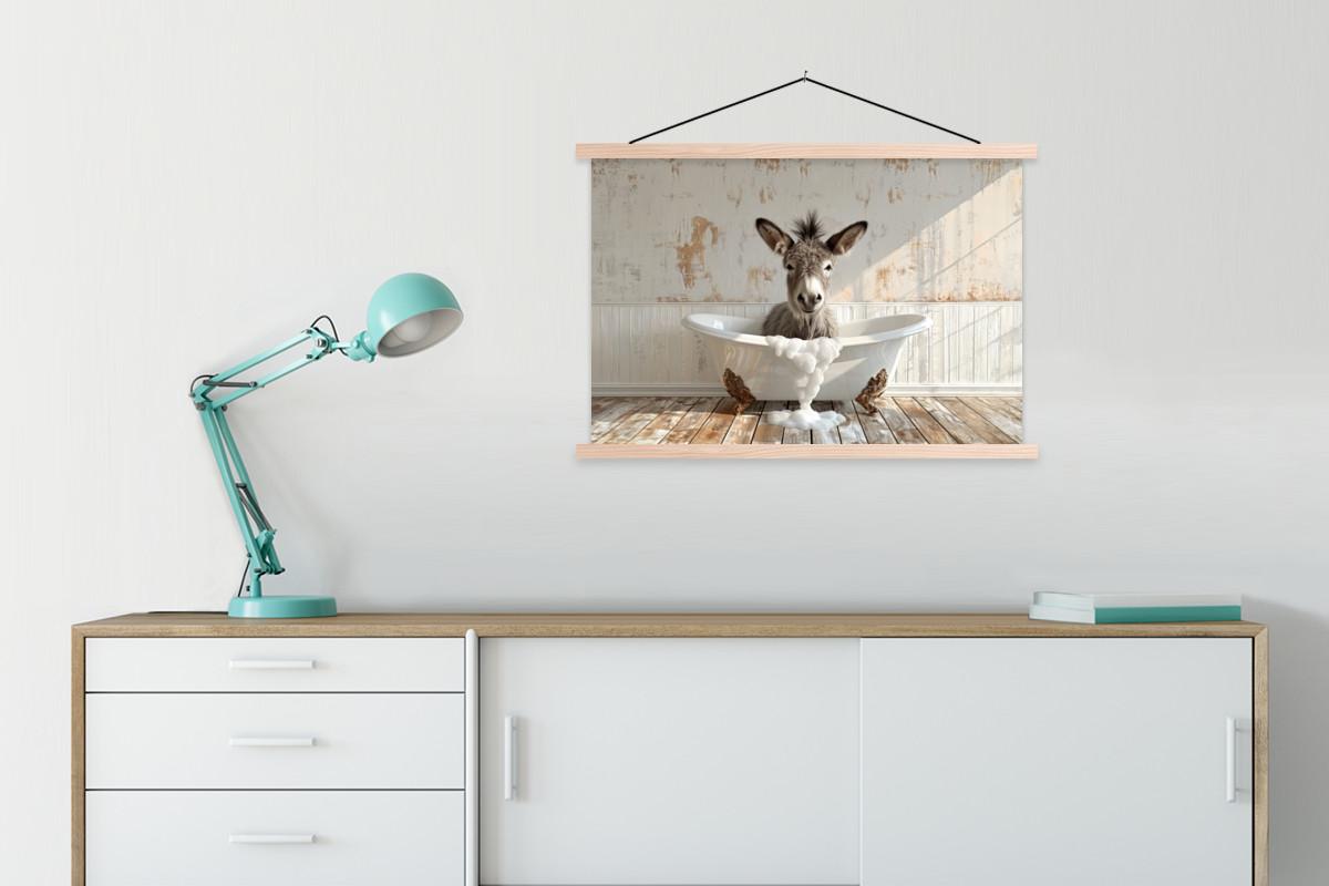 POSTER MIT MAGNETLEISTEN Esel - Tiere - Badewanne - Schaumstoff Wanddeko 90x60 cm - Weiß, Textil (90/60/0.15cm) - MuchoWow