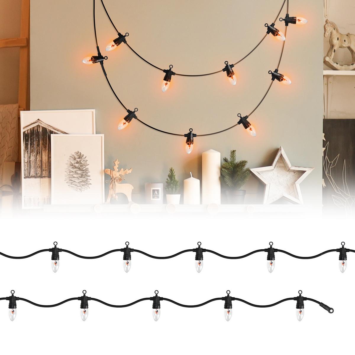LICHTERKETTE mit Flammeneffekt 360 cm 10 Glühbirnen E14 Innen/Außen - Schwarz, Kunststoff (360cm) - ECD-Germany