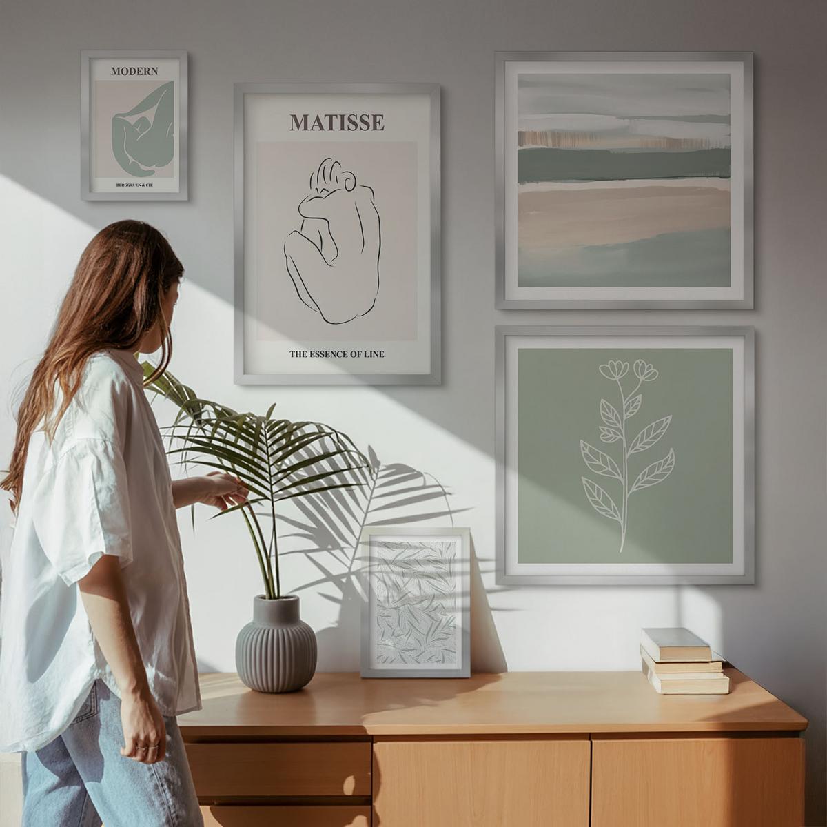 BILDER SET 5er Set - 50x50 cm & 20x30 cm & 40x60 cm Silberner Rahmen - Abstrakte Pflanzenformen - Silberfarben, Kunststoff (40/60cm) - TULUP