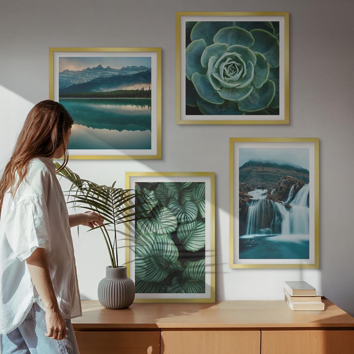 BILDER SET 4er Set - 50x50 cm & 40x60 cm Goldrahmen - Nahaufnahmen von Blättern sukkulenter Pflanzen - Goldfarben, Kunststoff (50/50cm) - TULUP