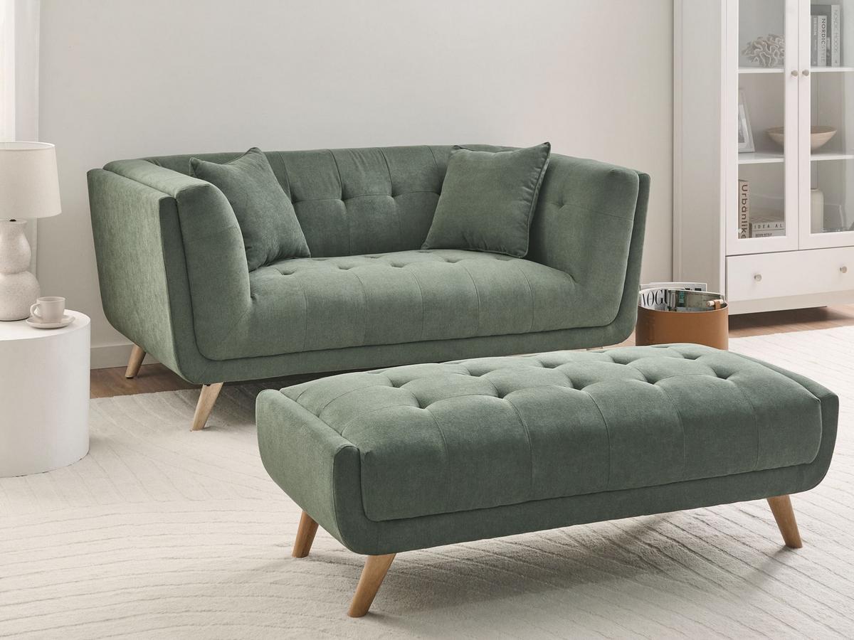 2-SITZER-SOFA Stoff Grün mit Ottomane Habo - Hellbraun, Textil (176/78/72cm) - Beliani