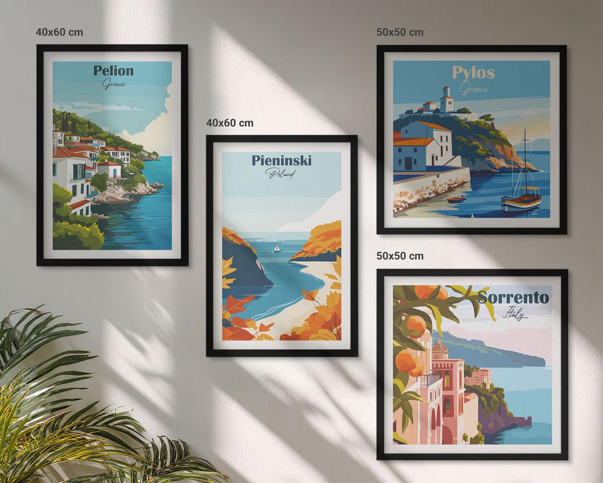 BILDER SET 4er Set - 50x50 cm & 40x60 cm Schwarzer Rahmen - Retro-Landschaften im malerischen Stil - Schwarz, Kunststoff (50/50cm) - TULUP