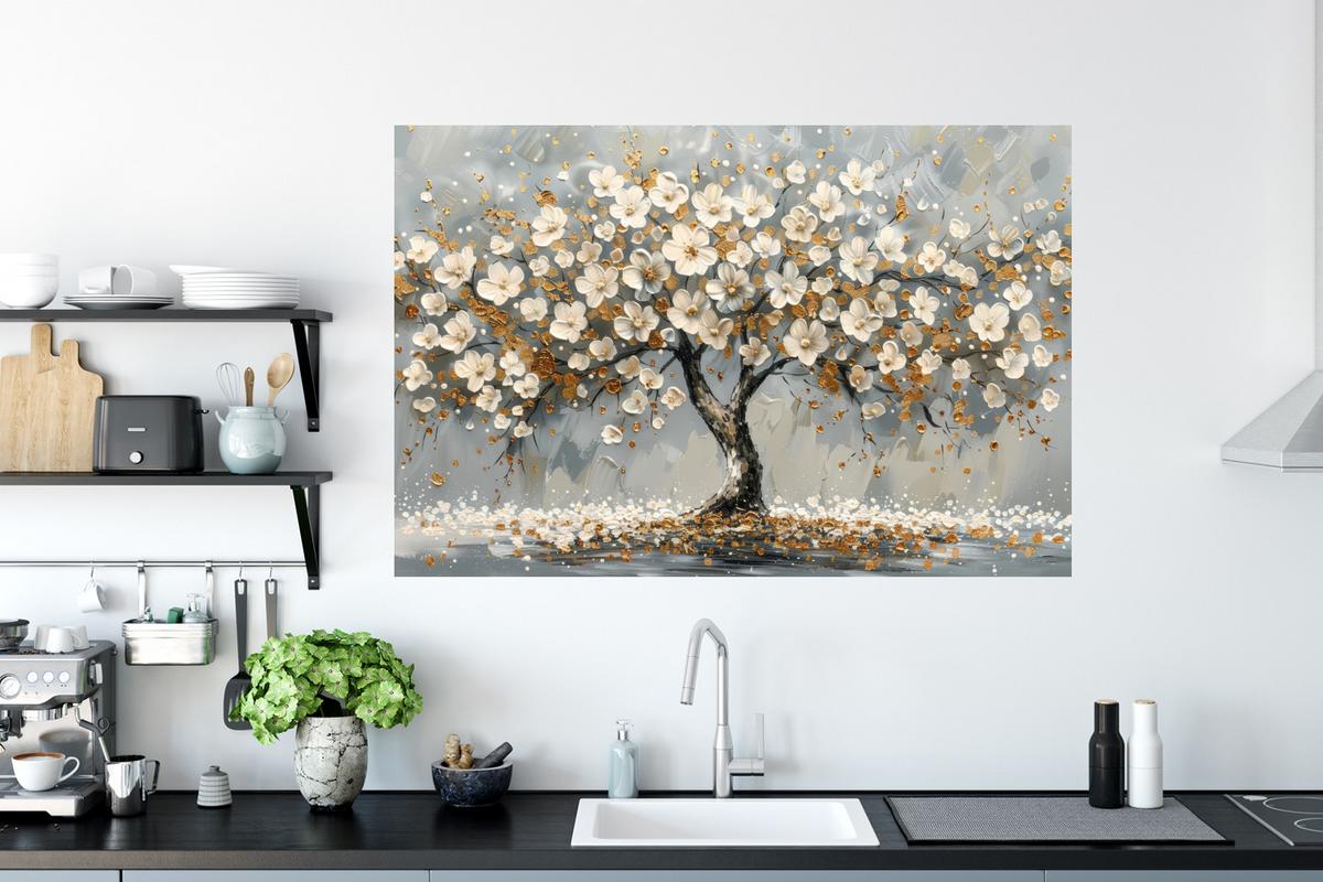 WANDTATTOO Baum - Blumen - Weiß - Natur - Kunst Wandsticker 120x80 cm - Weiß, Kunststoff (120/80/0.1cm) - MuchoWow