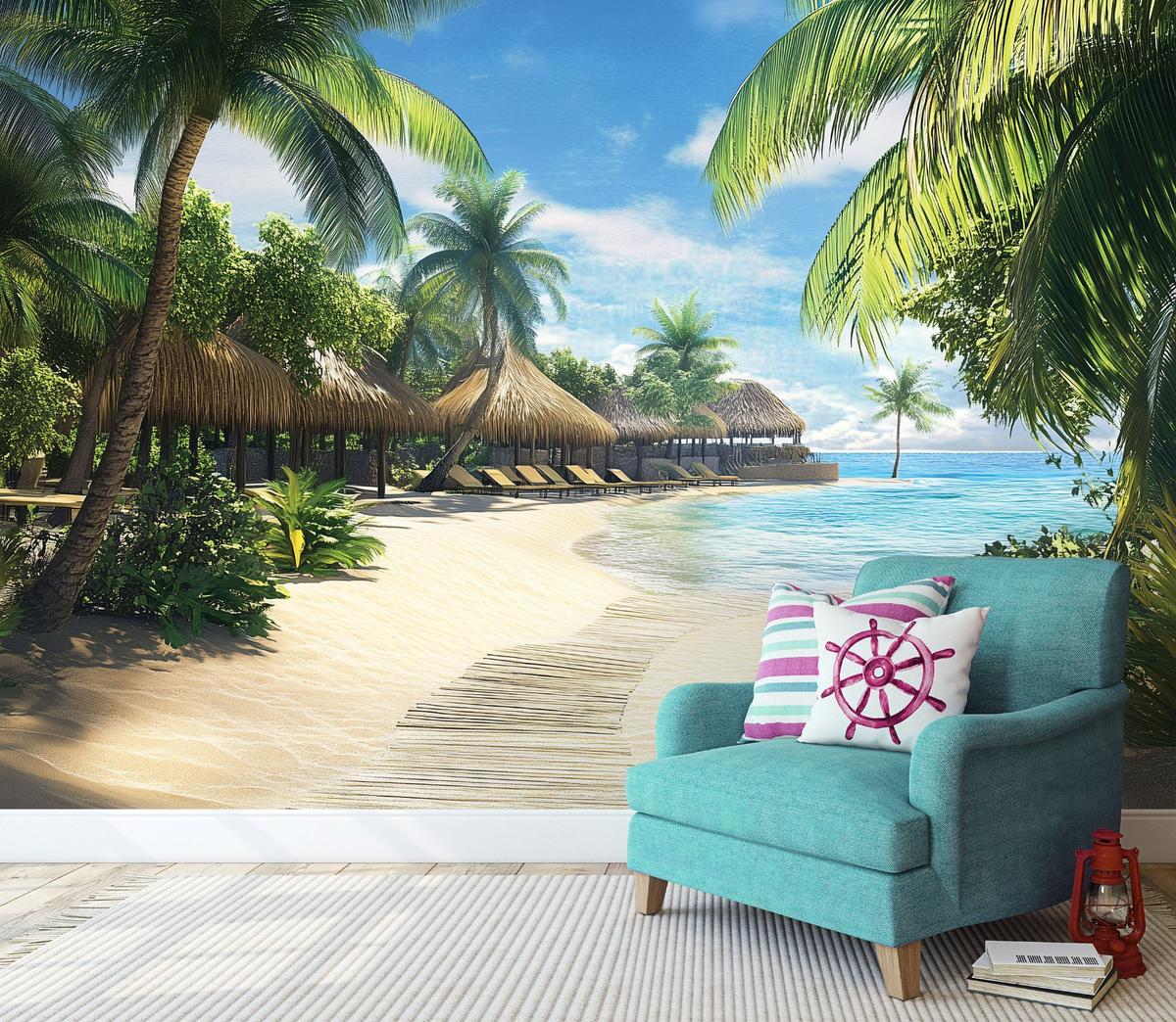 FFOTOTAPETE 3D Effekt Strand Palmen Meer 250x175 - Multicolor, Papier (250/175cm) - Wallarena