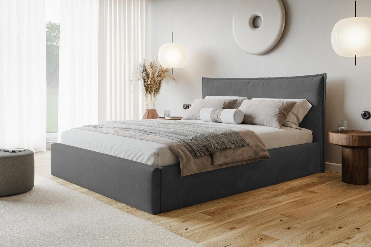 BETT 200x200 - Polsterbett mit Bettkasten und Metallrahmen - Modern Betten - Weicher Jasminstoff - Kollektion Rimini - Dunkelgrau - Dunkelgrau, Holz/Textil (200/200cm) - Alpi-Möbel