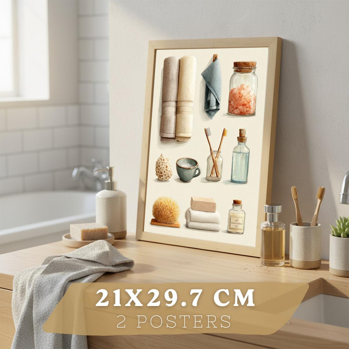 POSTER 2er Set dekorativen Badezimmerbildern mit Motiven von Handtüchern, Seifen, Badesalz. Verschönern Sie Ihr Badezimmer. Leichter Holzrahmen A4 - Beige, Papier (29.7/21/3cm) - Nacnic