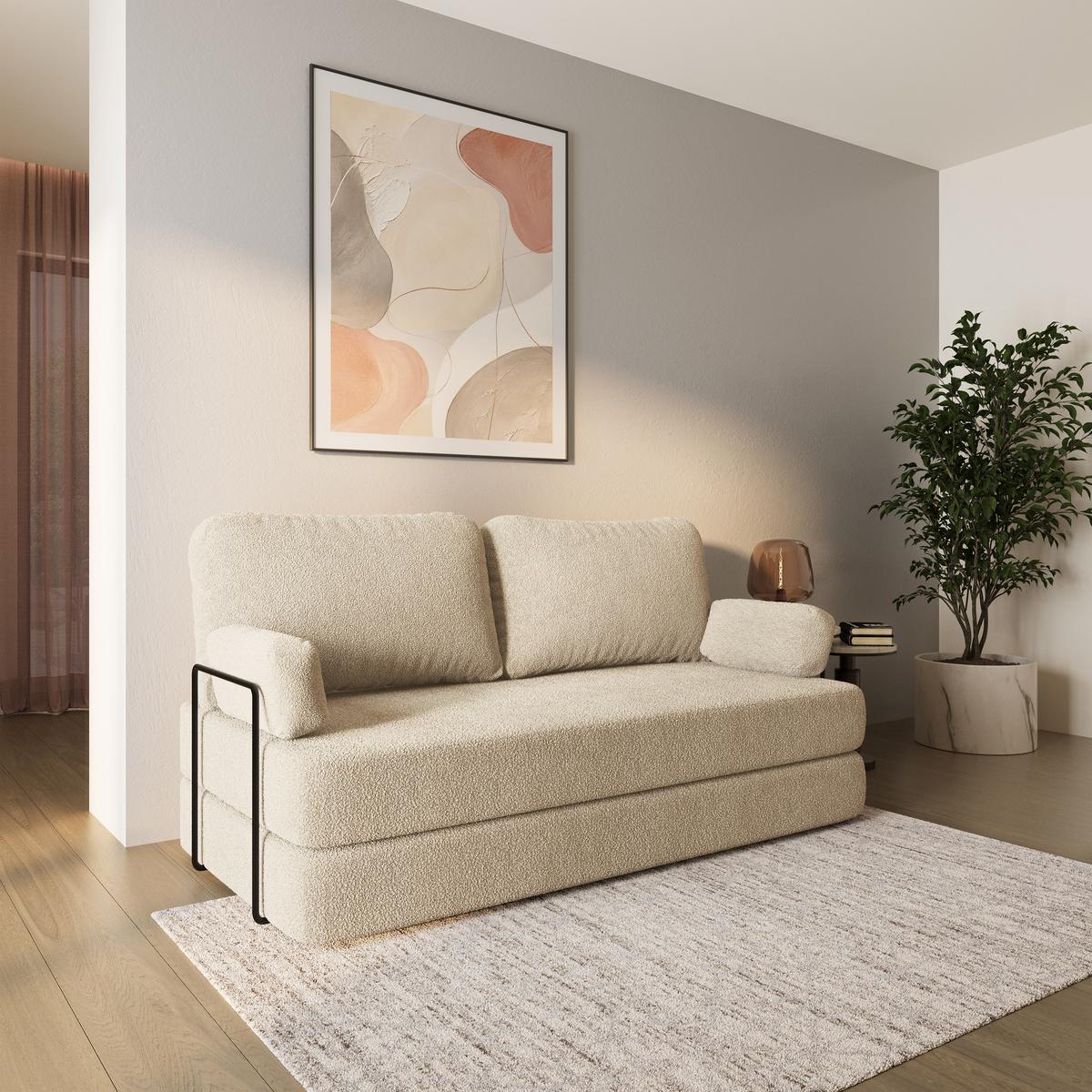 BETTSOFA NIKSI aus Schaumstoff Bucle-Stoff Creme Schlaffunktion - Creme, Textil (170/86/80cm) - MASSENO