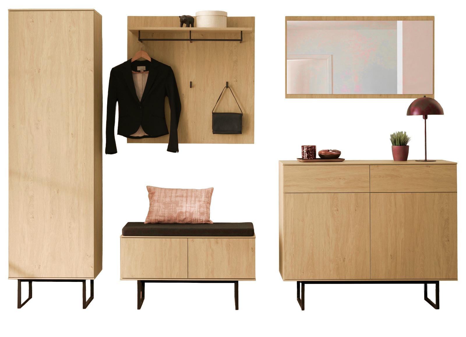 GARDEROBE-SET Stone Eiche 6-teilig 283 cm, Komplettset mit viel Stauraum - Eichefarben/Schwarz, Holzwerkstoff/Metall (283/200/40cm) - Furn.Design