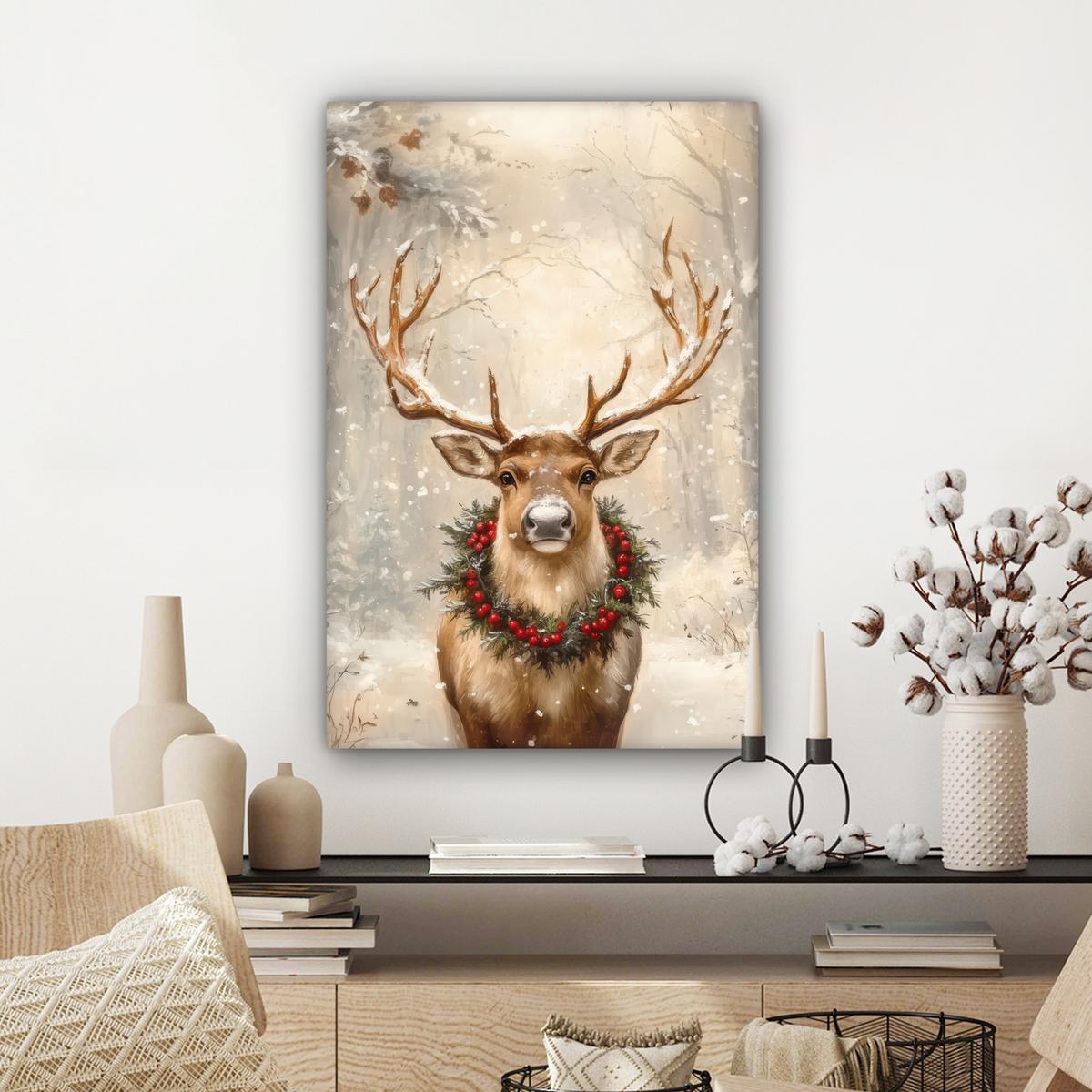 LEINWANDBILD Weihnachten - Rentier - Winter - Kranz Wanddeko Schlafzimmer 60x90 cm - Naturfarben, Textil (60/90cm) - MuchoWow