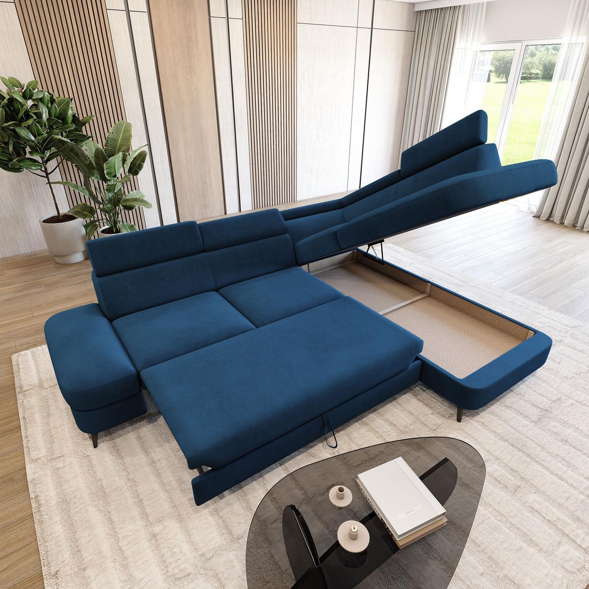ECKSOFA AVISE MV R-S Blau Velours-Stoff mit Schlaffunktion - Blau, Holzwerkstoff/Textil (268/195cm) - MASSENO
