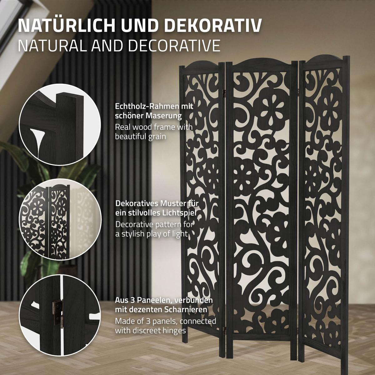 PARAVENT 3 teilig Yokohama 172x121 cm Schwarz aus Holz - Schwarz, Holz (121/172/2cm) - ML-DESIGN
