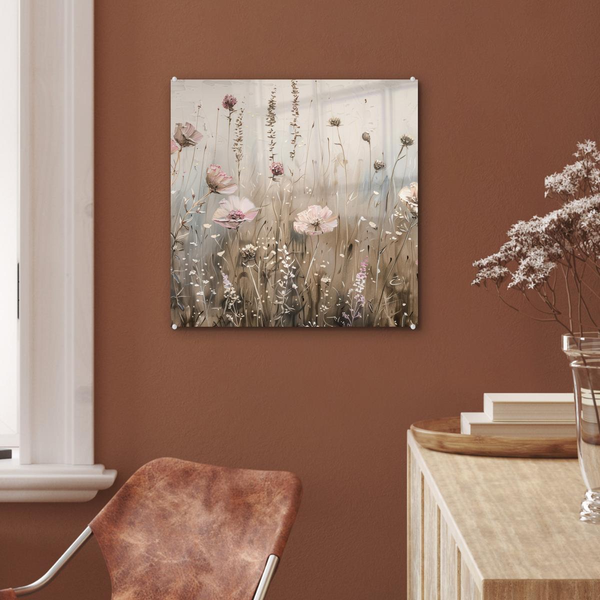 ACRYLGLASBILD Blumen - Rosa - Modern - Beige 50x50 cm - Beige, Glas (50/50cm) - MuchoWow