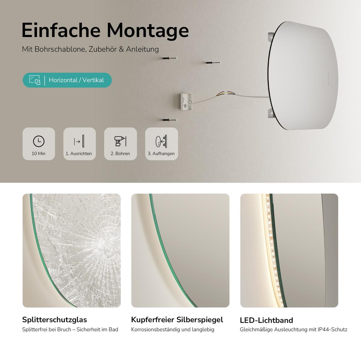 BADSPIEGEL oval mit LED-Beleuchtung 50 x 90 cm Antibeschlag - Transparent, Glas (50/90/2.5cm) - EMKE