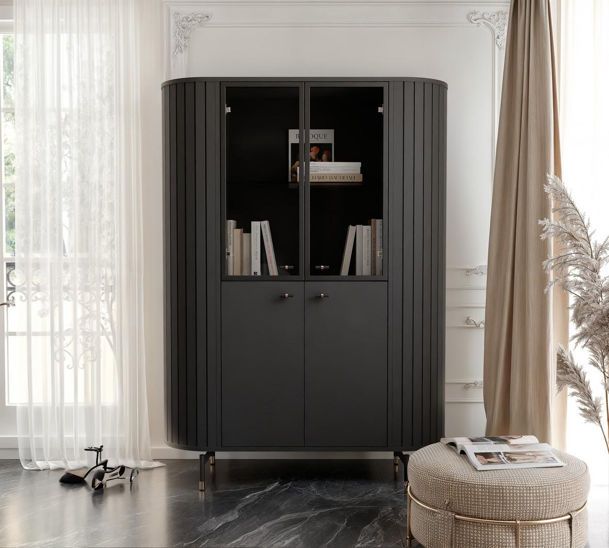 GLASVITRINE geriffelt aus MDF, Schwarz - Schwarz, Holzwerkstoff (112/155/40cm) - Idohome