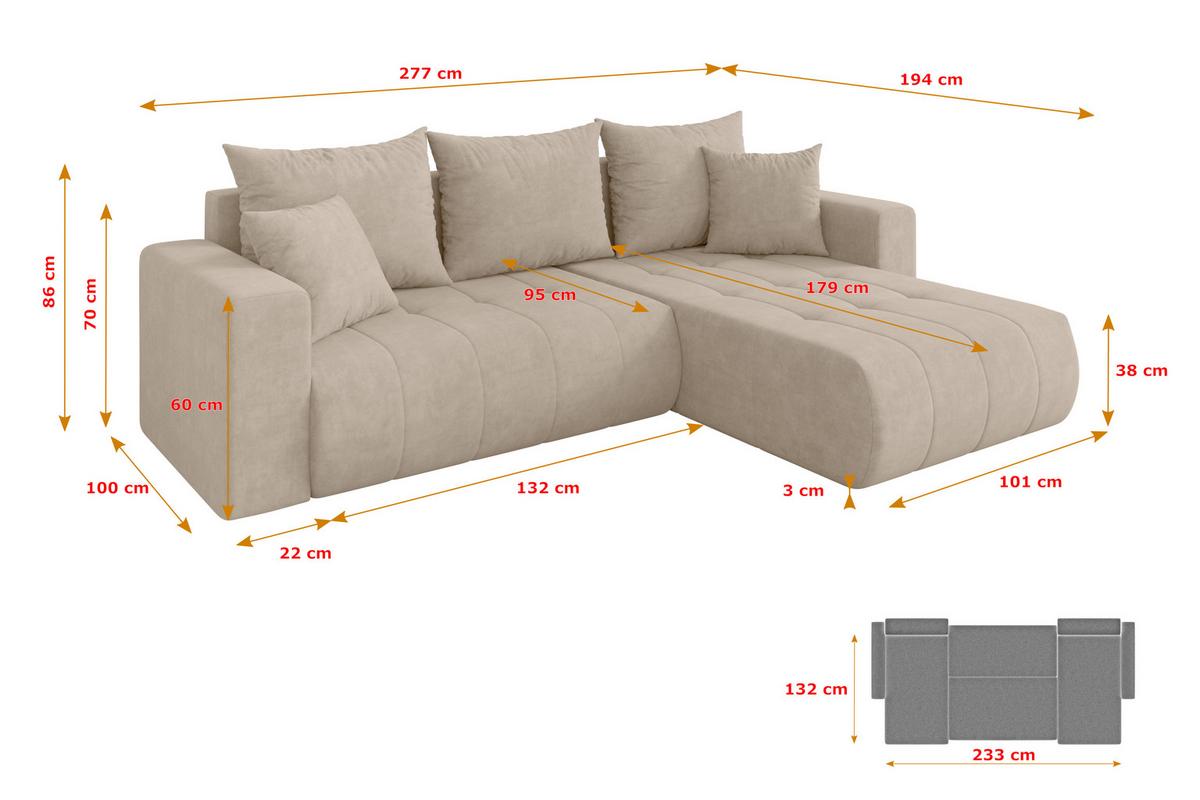 ECKSOFA mit Schlaffunktion Ottomane Rechts MILA-L 277x194x86 Beige Velours - Schwarz/Sahara, Holzwerkstoff/Kunststoff (277/194cm) - ALTDECOR