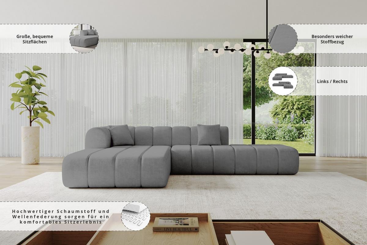 ECKSOFA Ottomane Links BILA-L 289x176x71 Grau Samt - Taupe/Schwarz, Holzwerkstoff/Kunststoff (176/289cm) - ALTDECOR