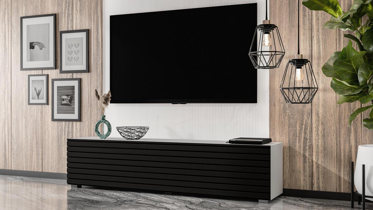 LOWBOARD ZIVOLLI 160 Weiß, Schwarze Lamellen 160/36,5/40 cm – Hängend und Stehend - Schwarz/Weiß, Holzwerkstoff/Kunststoff (160/36.5/40cm) - AX Living
