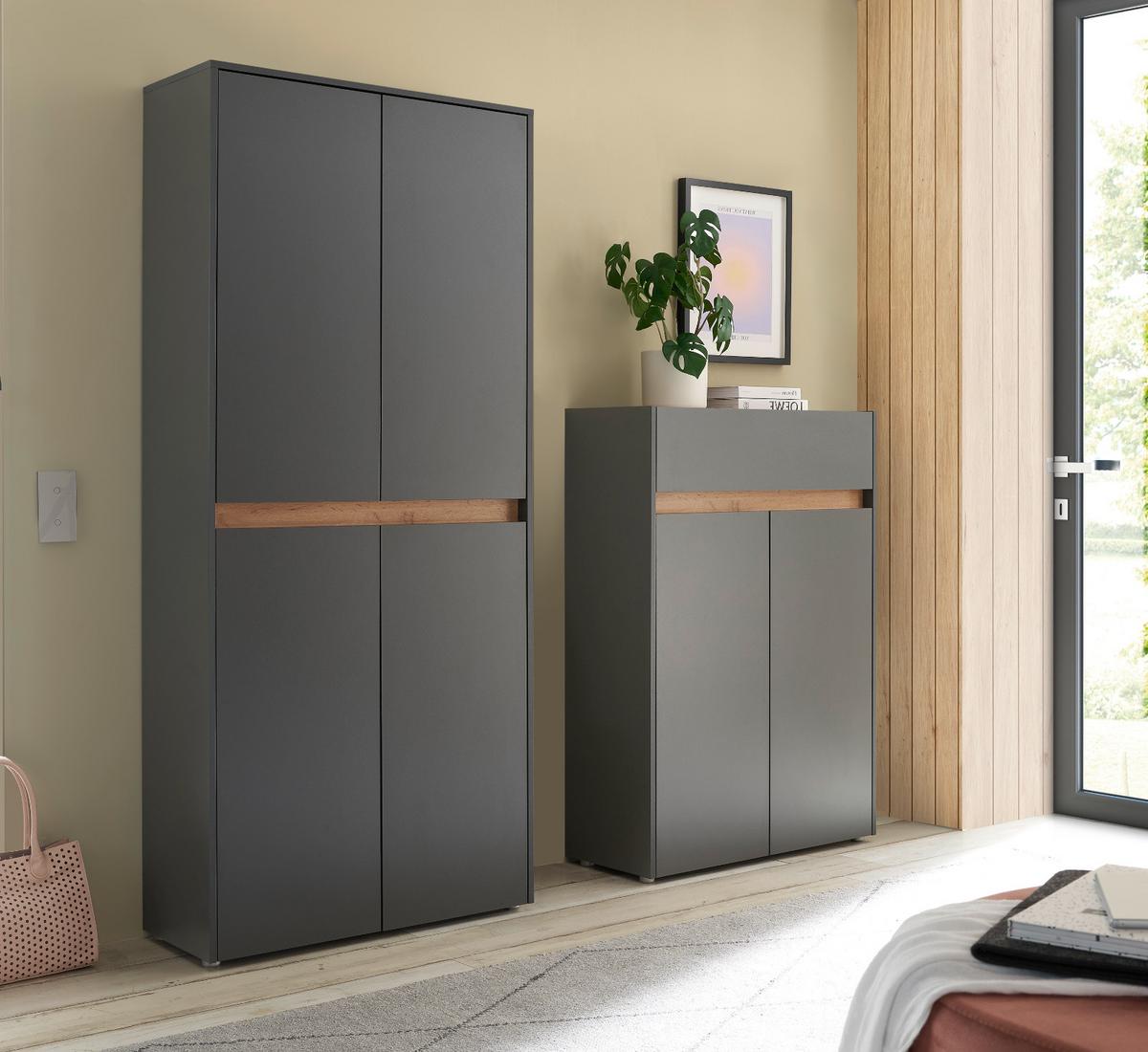 GARDEROBEN-SET grau matt, Eiche Wotan 2-teilig 180 cm, Kombination mit viel Stauraum - Eiche Wotan/Schwarz, Holzwerkstoff/Kunststoff (180/195/40cm) - Furn.Design