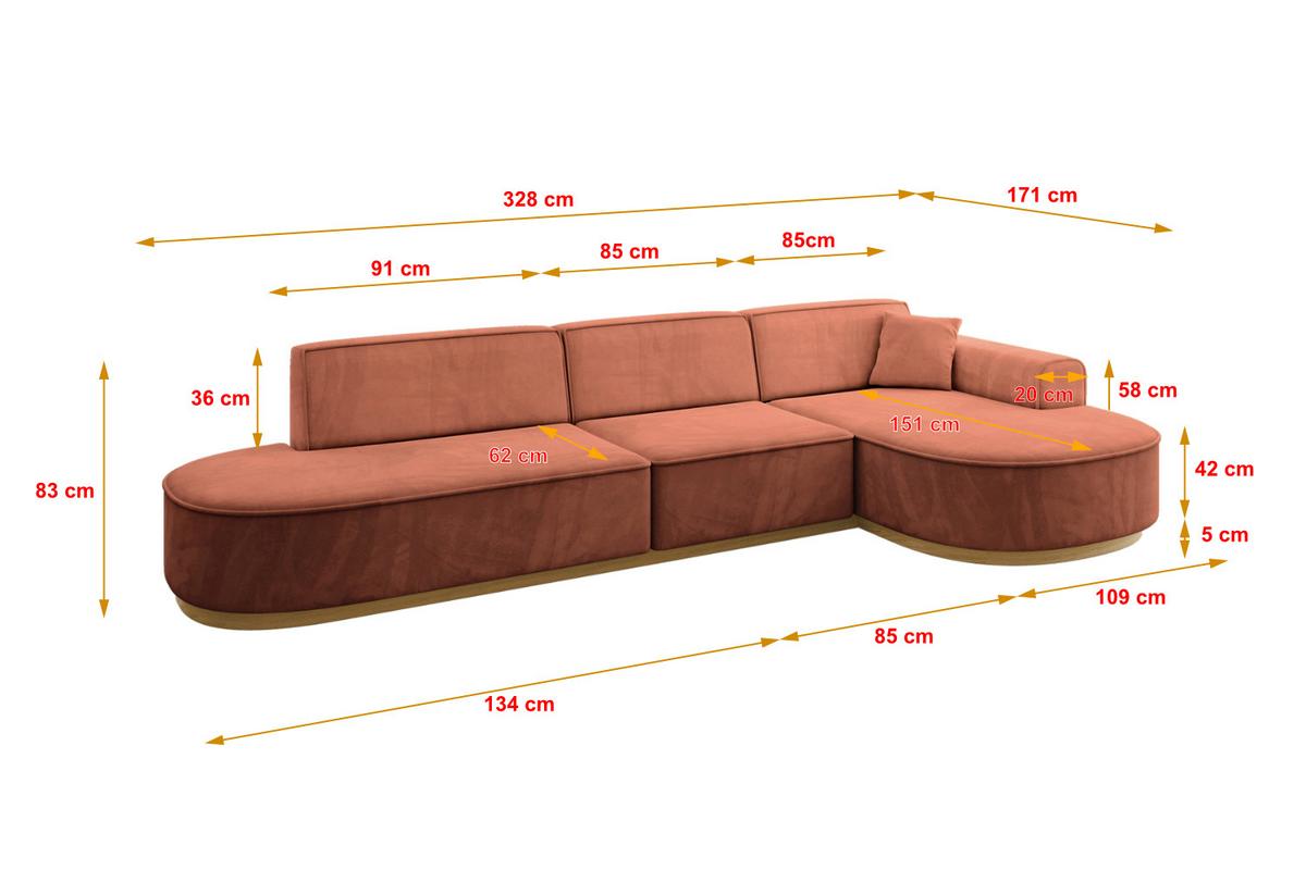 ECKSOFA Ottomane Rechts MARI-L2-v2 - 328x171x83 cm Koralle Velours - Koralle, Holzwerkstoff/Textil (171/328cm) - ALTDECOR