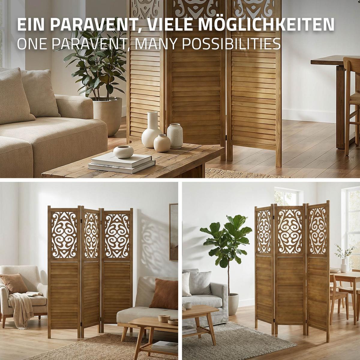 PARAVENT 3 teilig Tokio 170x121 cm Naturaus Holz - Braun, Holz (121/170/2cm) - ML-DESIGN