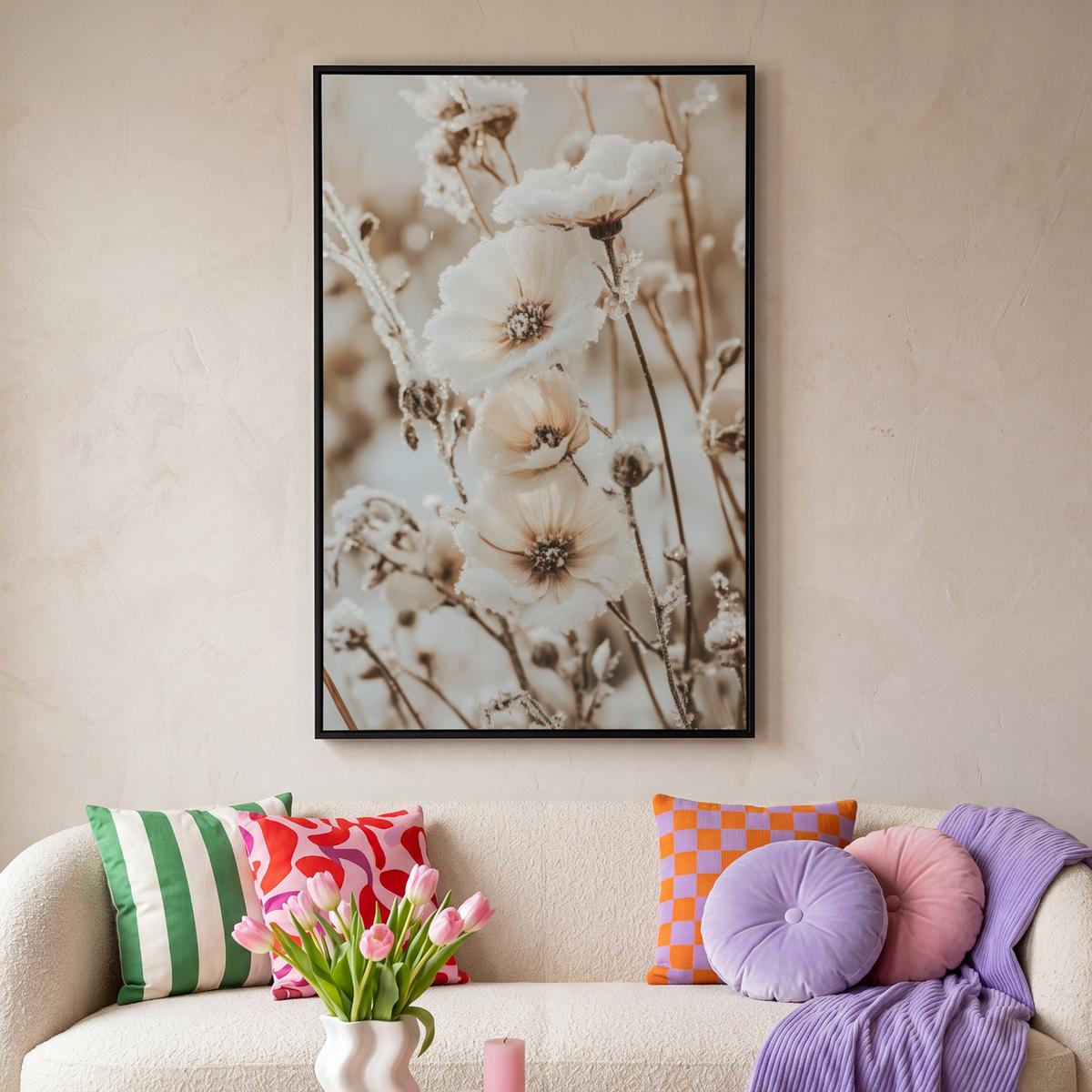 LEINWAND Bilder mit Rahmen - Blumen - Winter - Weiß - Schnee - Beige - 100x150 - Creme, Textil (100/150cm) - MuchoWow