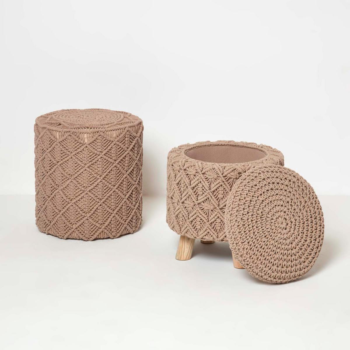 MAKRAMEE-HOCKER mit Stauraum Indy braun, 41/41/43 cm - Hellbraun, Textil (41/43/41cm) - Homescapes