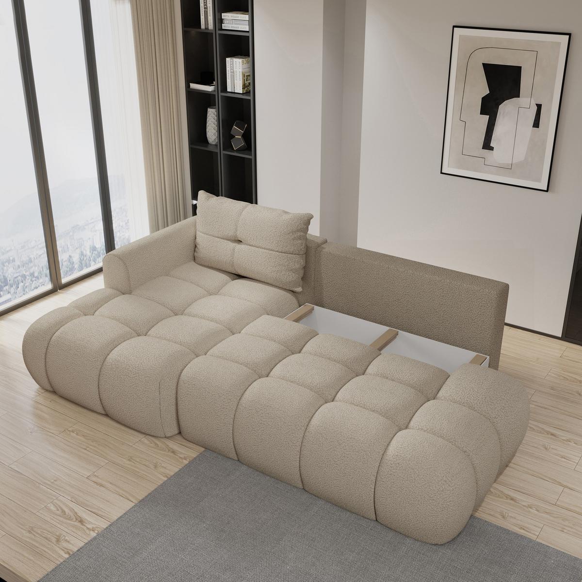 ECKSOFA FLUMA L-S Beige Boucle-Stoff mit Schlaffunktion - Beige, Holz (279/158cm) - MASSENO