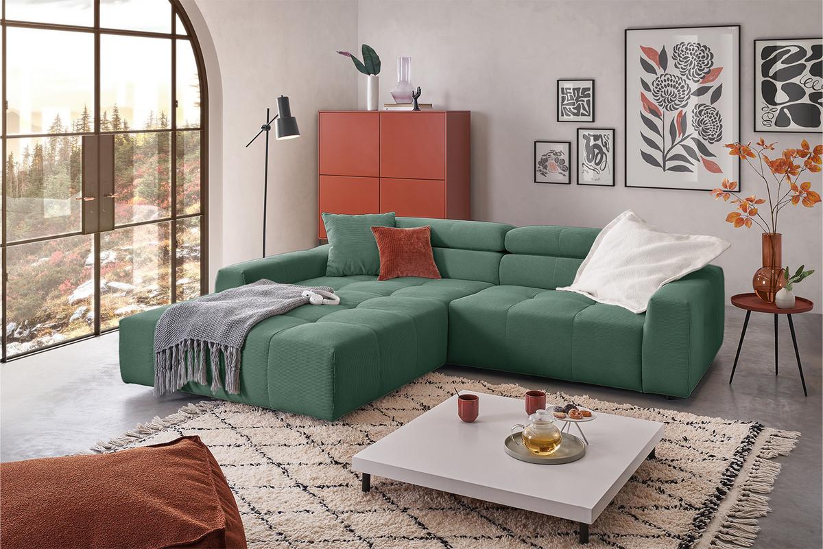 ECKSOFA MIT MOTORISCHEM SITZVORZUG RENO Smaragdgrün Cord Relaxfunktion - Smaragdgrün/Schwarz, Kunststoff/Textil (258/217cm) - KAWOLA