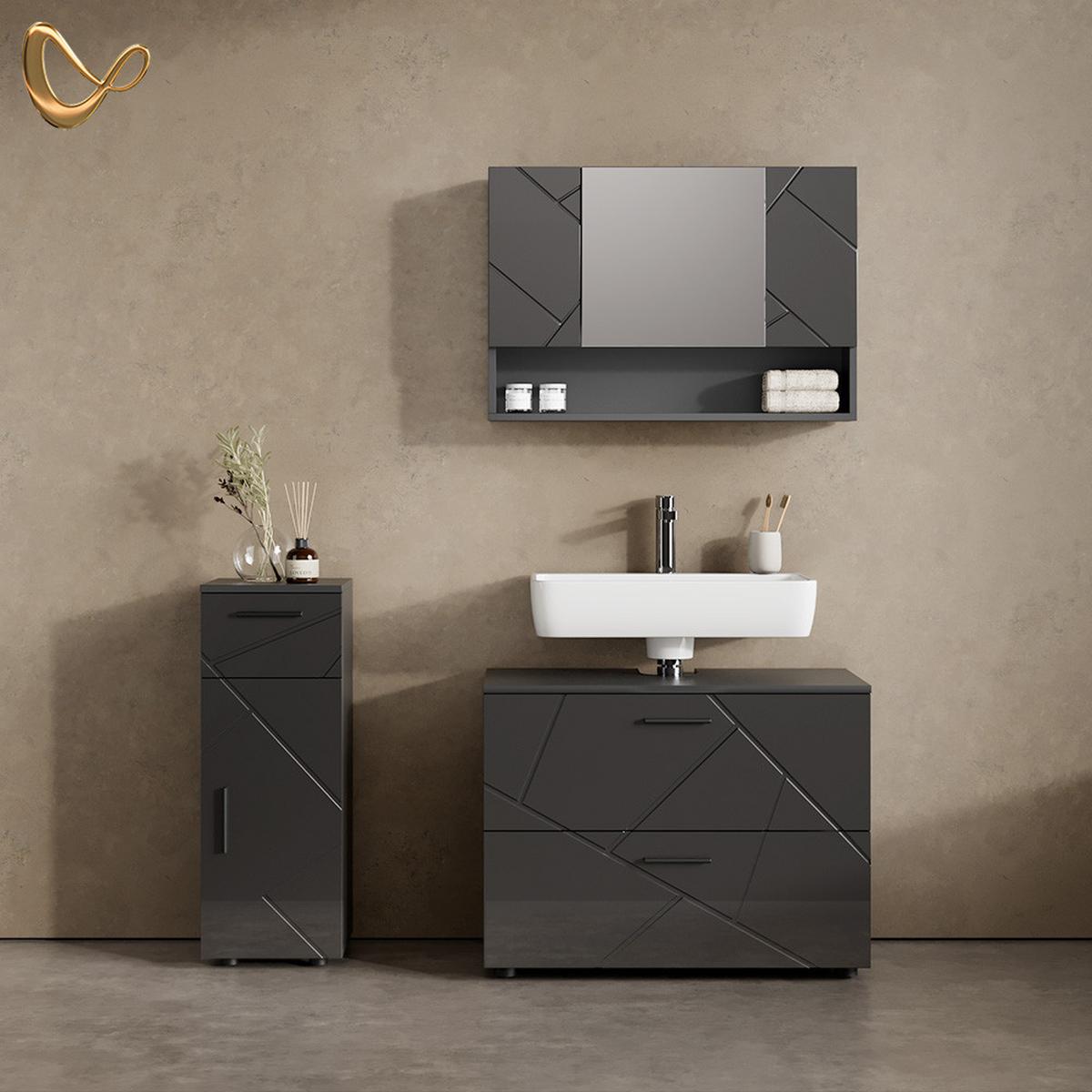 BADMÖBEL-SET Ronco Anthrazit Hochglanz 3 Teile, mit Schubladenschrank und Midischrank - Schwarz Hochglanz, Holzwerkstoff (41/80/58cm) - Livinity®