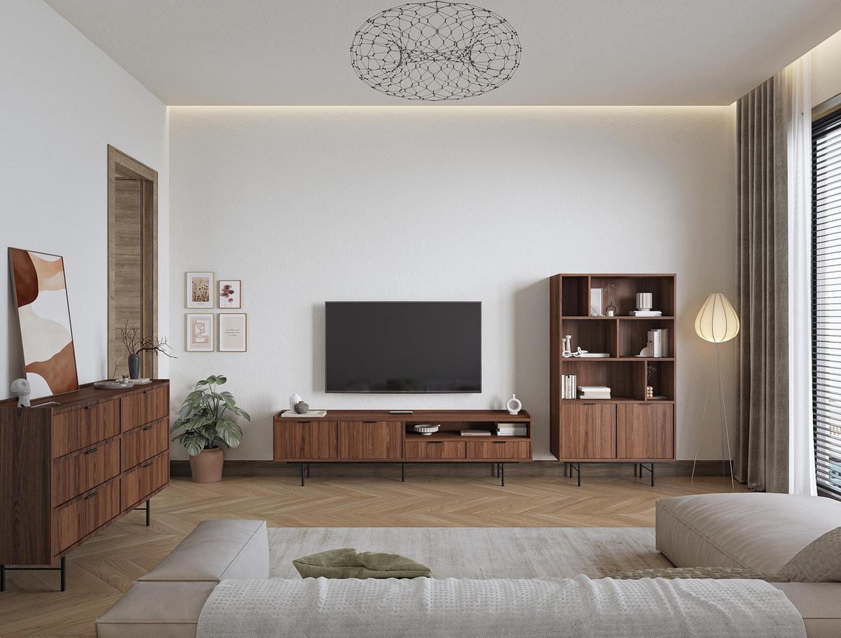 LOWBOARD Nordiva 2T 2S Warmia Walnut 200/55/40 cm – Metallgestell - Walnussfarben/Schwarz, Holzwerkstoff/Metall (200/55/40cm) - AX Living