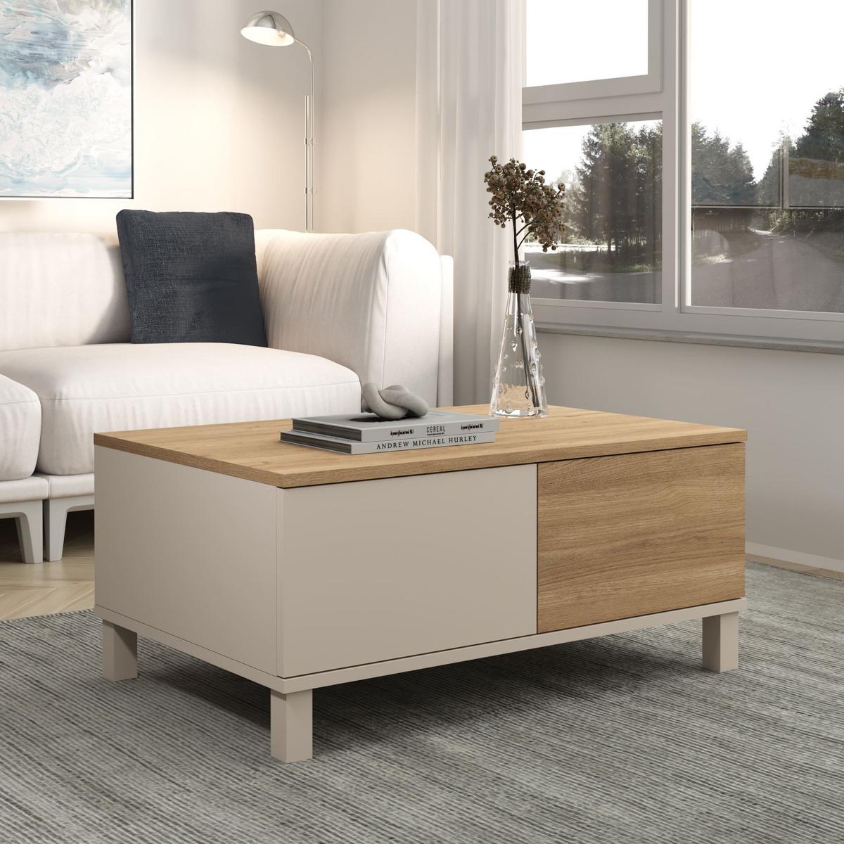COUCHTISCH 2 Schubladen, 1 offenem Fach, Dekor Kaschmir und Eiche, 60/40/90 cm - Beige, Holzwerkstoff (11/60/40cm) - Calicosy