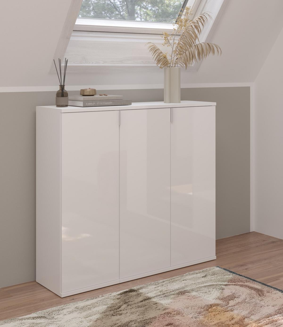 KOMMODE weiß Hochglanz 91 x 99 cm, Sideboard mit 10 Fächern - Chromfarben/Weiß Hochglanz, Holzwerkstoff/Metall (91/99/34cm) - Inn.Furn