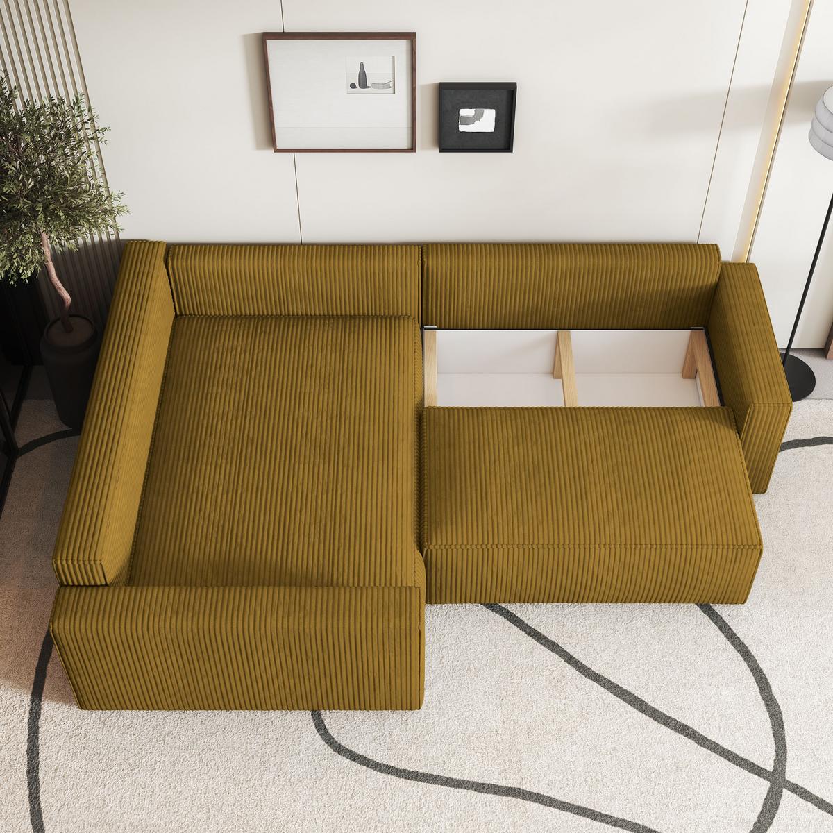 ECKSOFA ERONIS L-S Gelb Kordstoff mit Schlaffunktion - Gelb, Holz (265/194cm) - MASSENO