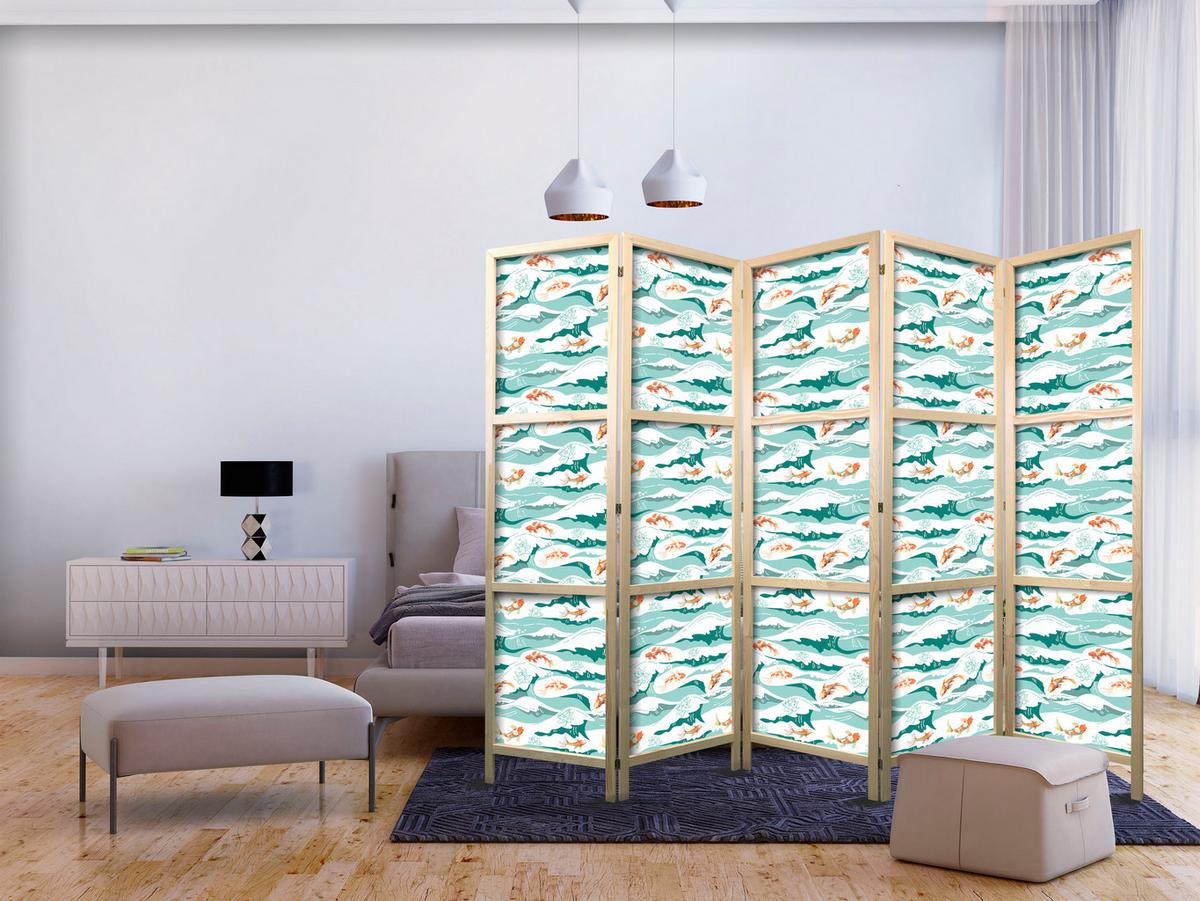 PARAVENT Japanischer 5-tlg 225x172 cm Fische Blumen Meereswellen - Türkis, Holz/Textil (225/172/3cm) - Muralo