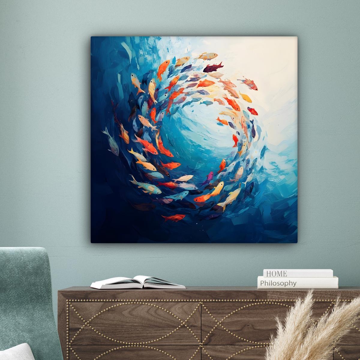 LEINWANDBILD Meer - Fische - Bunt - Dynamisch Deko Groß 90x90 cm - Hellblau, Textil (90/90cm) - MuchoWow