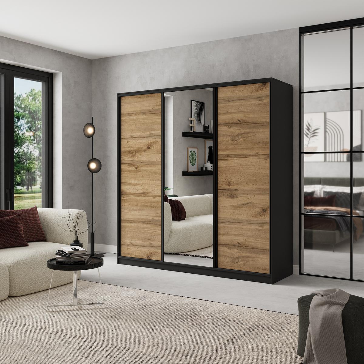SCHWEBETÜRENSCHRANK SORE 180/205/58 cm 3-türig mit Spiegel und Schubladen Schwarz / Eiche Wotan - Eiche Wotan/Schwarz, Holzwerkstoff (180/205/58cm) - MASSENO