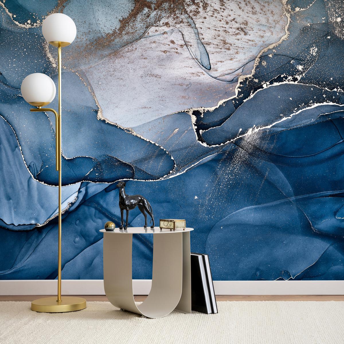 FOTOTAPETE für Badezimmer Blauer Marmor Gold Modern 150x105 - Blau/Goldfarben, Papier (150/105cm) - Muralo