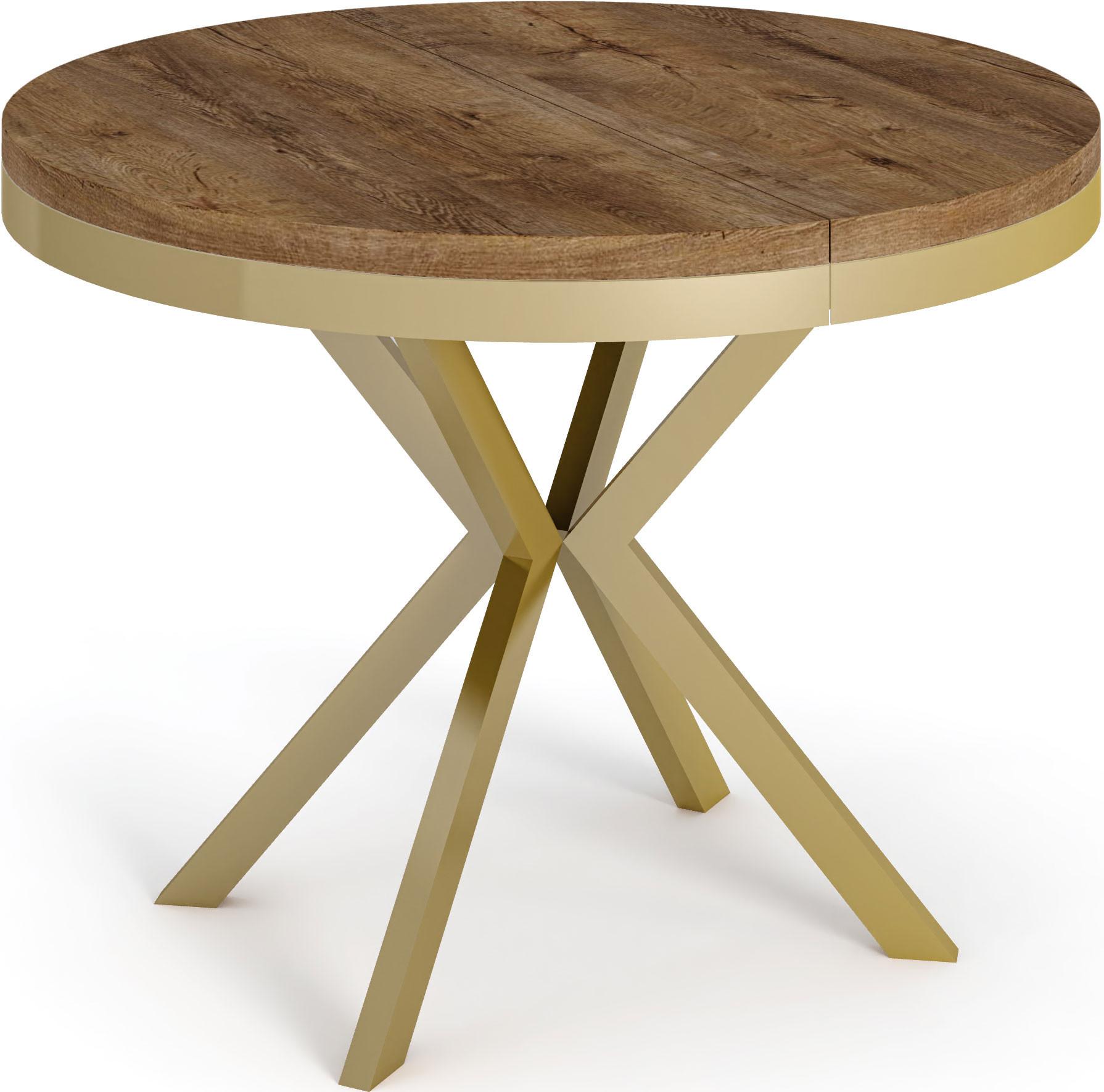 ESSTISCH Dina runder ausziehbarer, Lefkas Eiche 100-180/100/76 cm - Alteiche/Goldfarben, Holzwerkstoff/Metall (100/180/76cm) - WFL GROUP