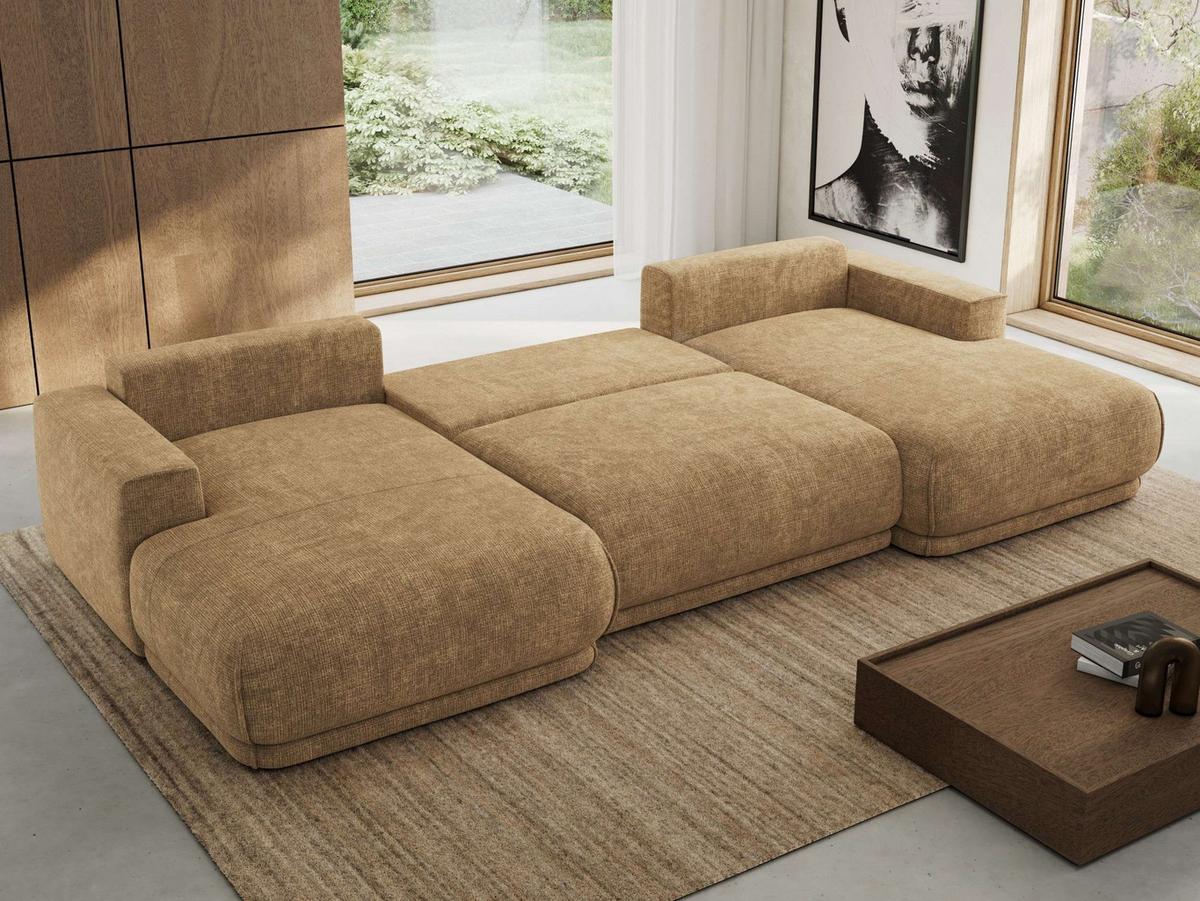 WOHNLANDSCHAFT RINA U Hellbraun Schenille grob gewebt - Hellbraun/Schwarz, Kunststoff/Textil (360/85/170cm) - MKS