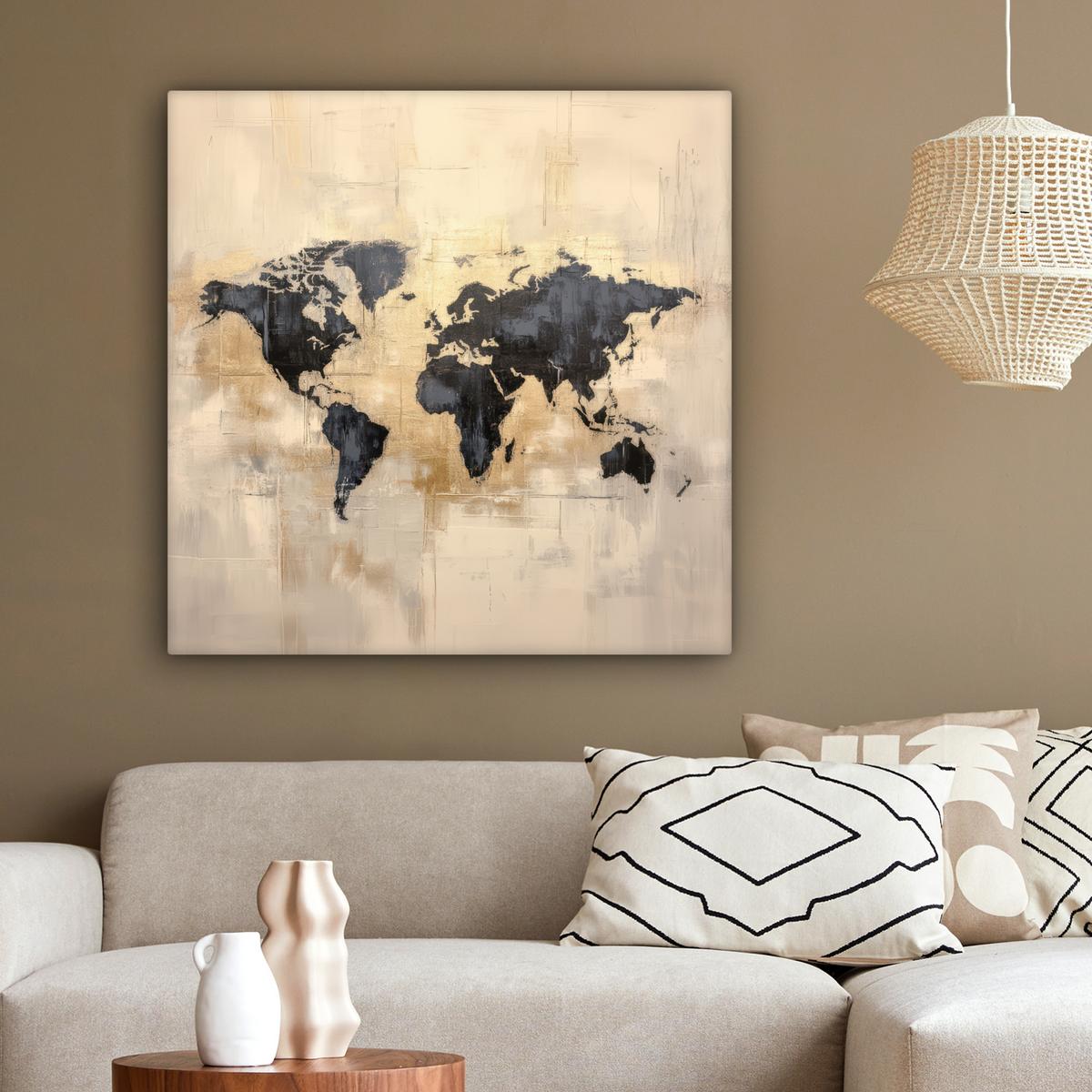 LEINWANDBILD Weltkarte - Gold - Schwarz - Abstrakt Deko Groß 90x90 cm - Kupferfarben, Textil (90/90cm) - MuchoWow