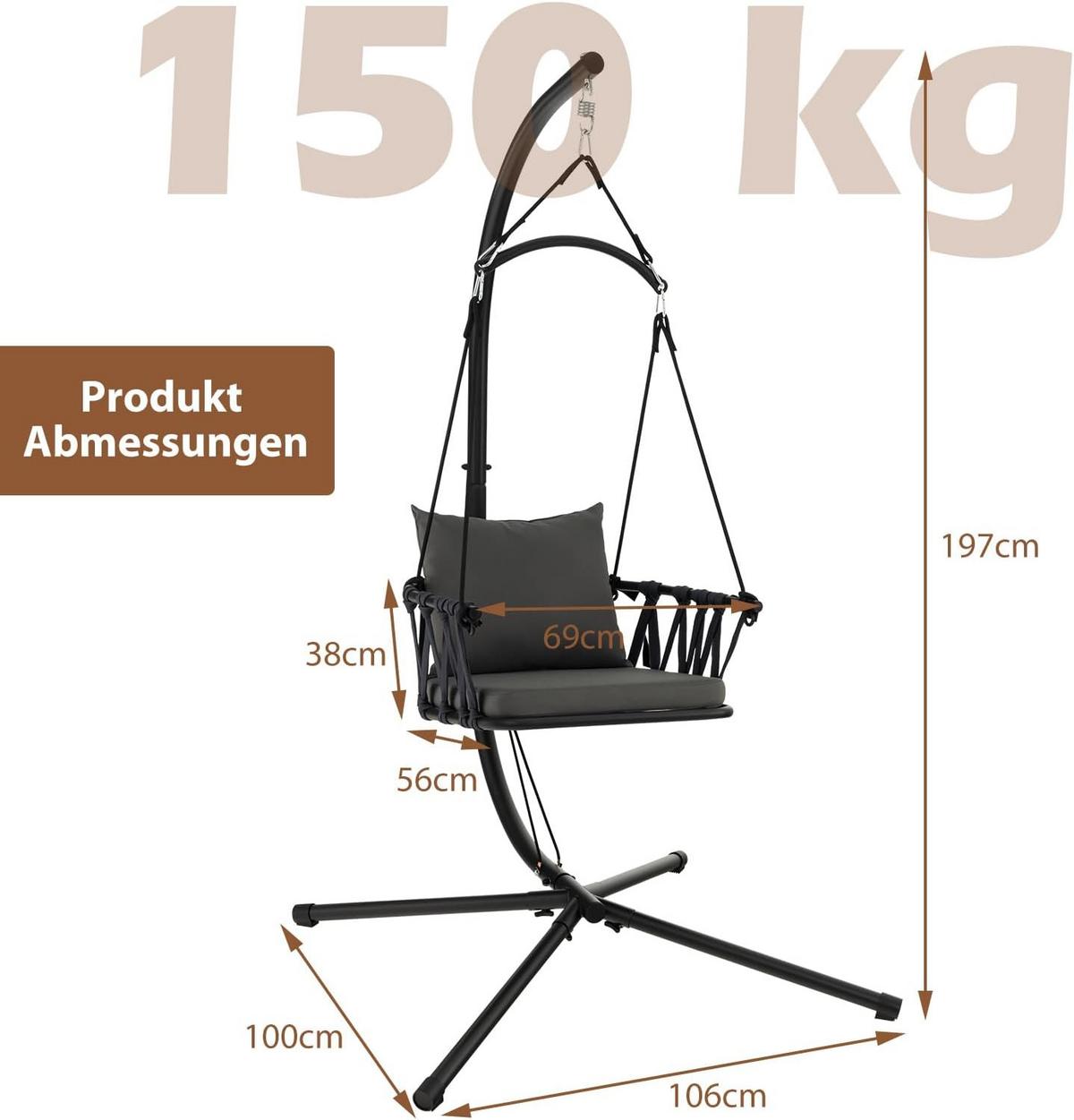 HÄNGESESSEL Grau - Grau, Metall (106/251/100cm) - COSTWAY